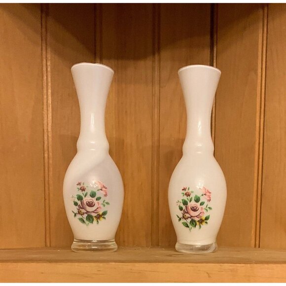 Vintage White Milk Glass Bud Vases With Hand-Painted Floral Design Set Of 2 - Picture 1 of 7